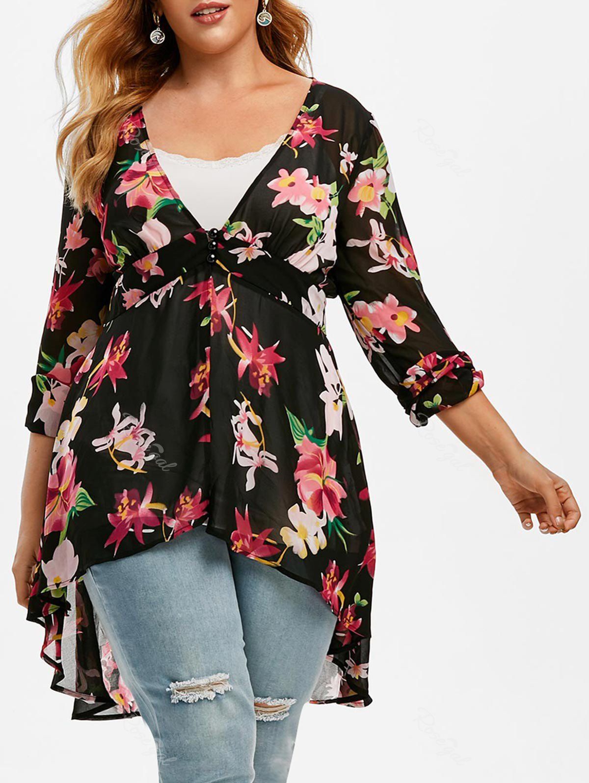 

Plus Size High Low Floral Blouse and Tank Top Set, Black