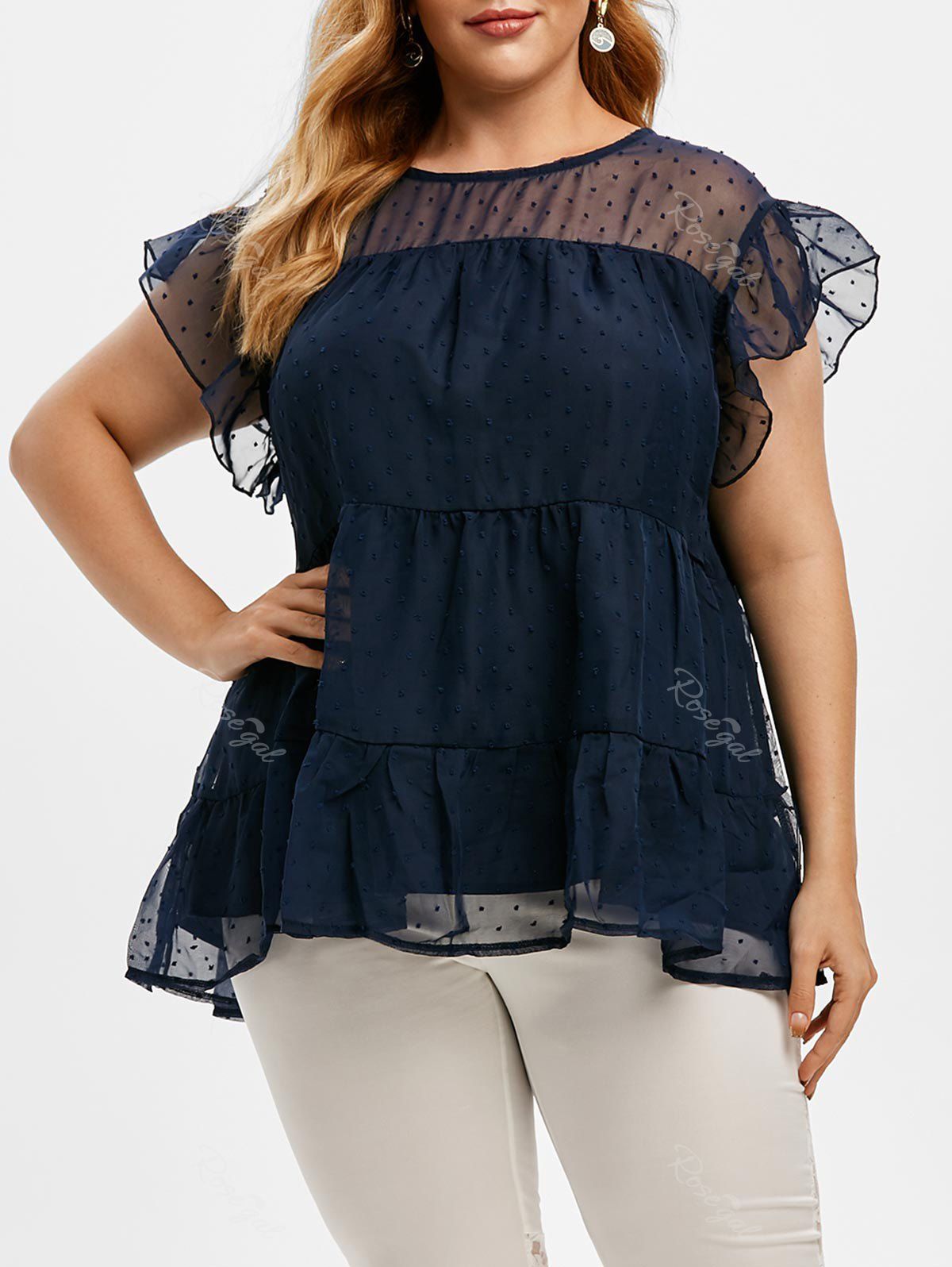 

Ruffled Sleeve Swiss Dot Plus Size Blouse, Blue
