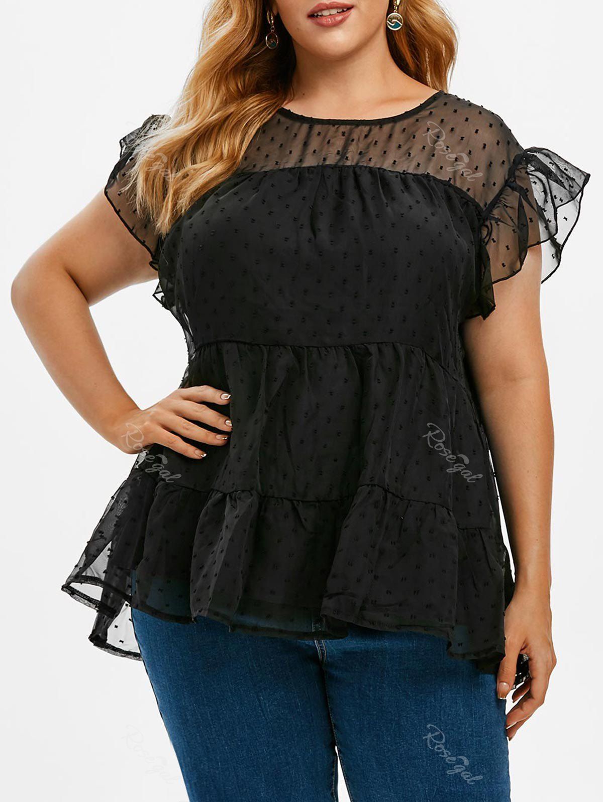 Ruffled Sleeve Swiss Dot Plus Size Blouse [40 OFF] Rosegal