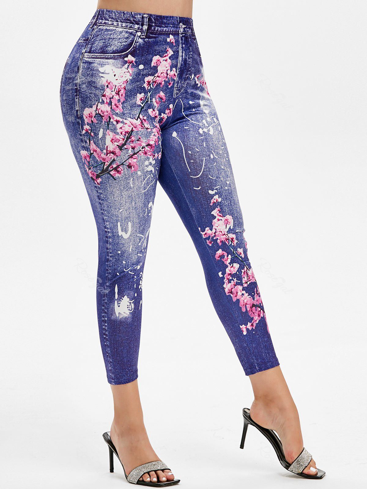 

Plus Size Peach Blossom Print Ninth Jeggings, Blue