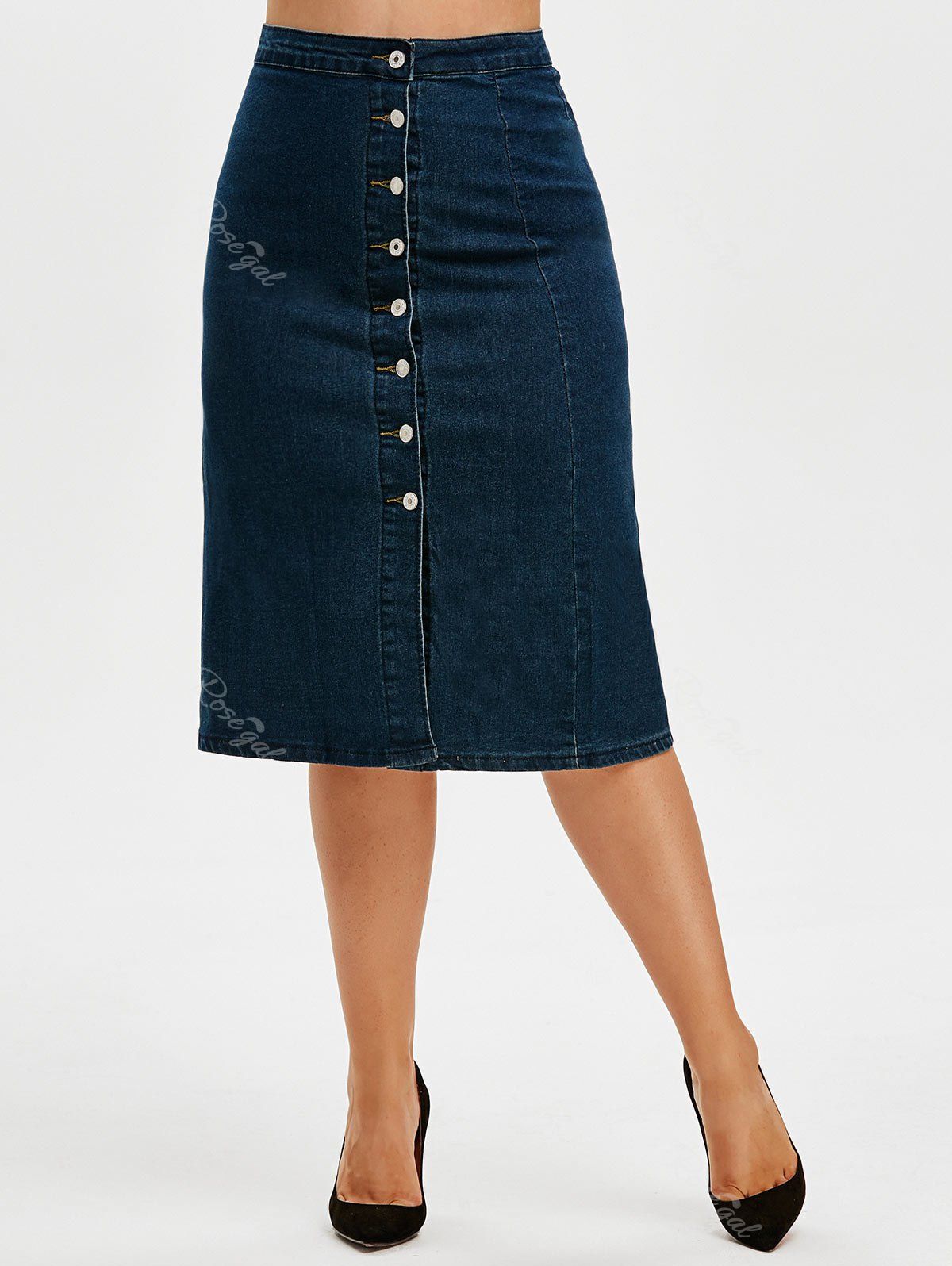 

Front Slit Button Up Denim Plus Size Skirt, Blue