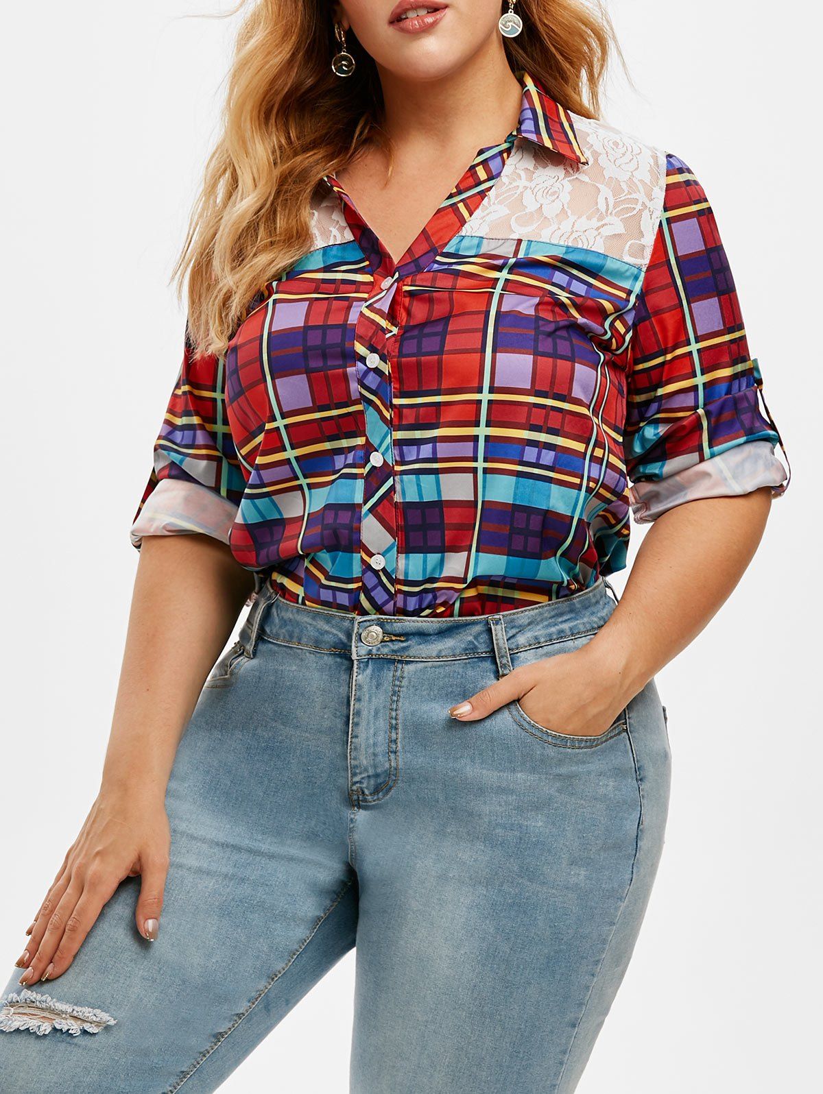 Latest Plus Size Plaid Lace Insert Roll Up Sleeve Shirt  