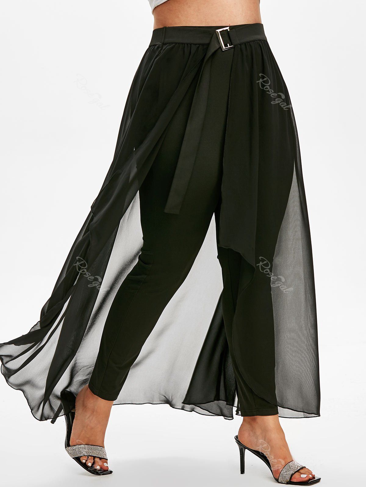 

Plus Size Buckle Belt Skinny Skirted Pants, Black