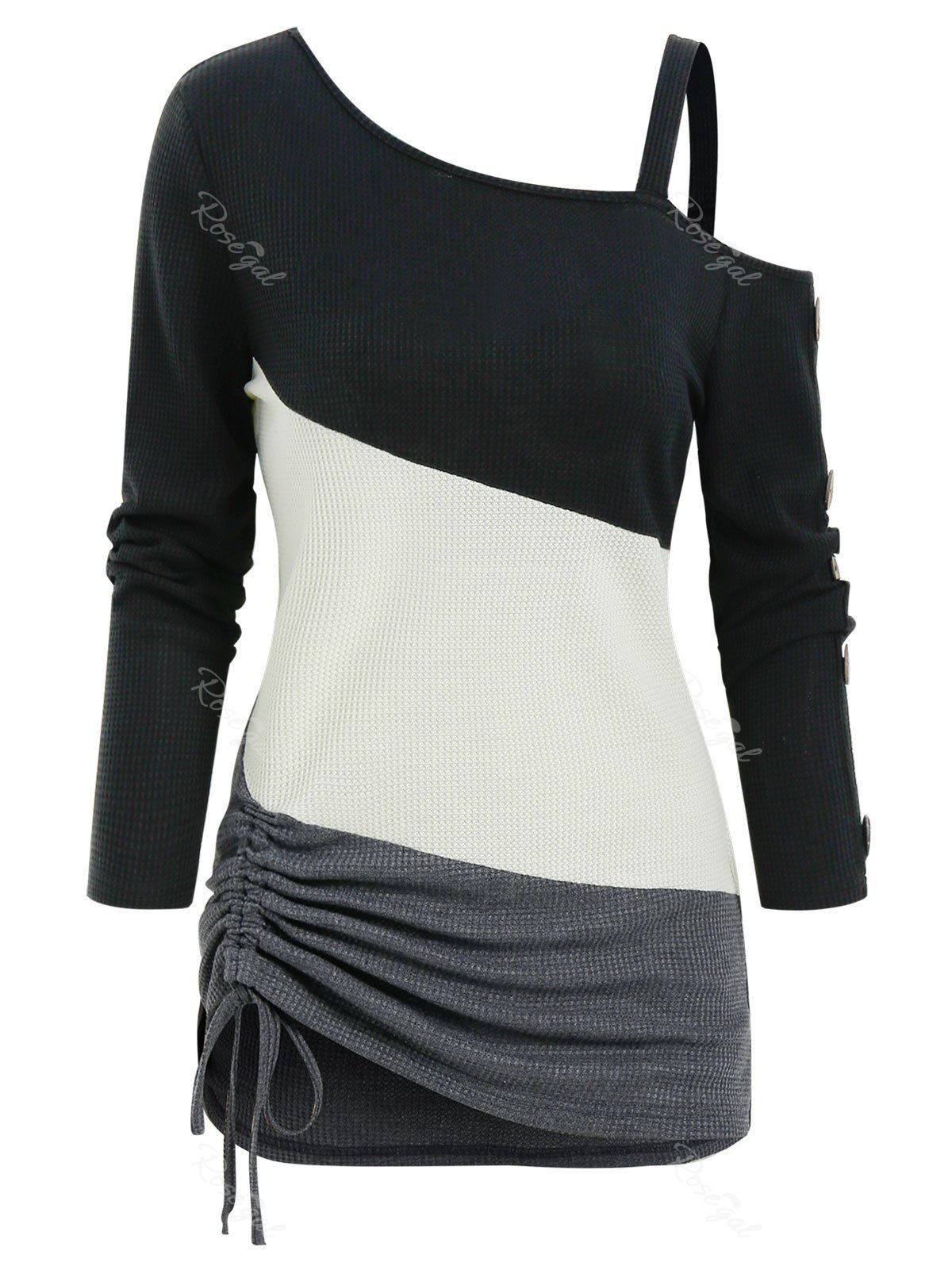 Sale Colorblock Cold Shoulder Drawstring Hem Knitted T Shirt  