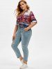 Plus Size Plaid Lace Insert Roll Up Sleeve Shirt -  