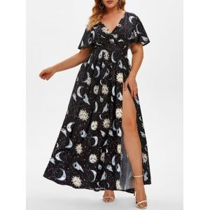 

Plus Size High Slit Sun Moon Print Maxi Dress, Black