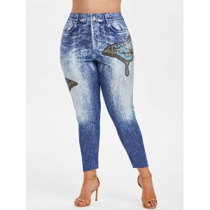 

Plus Size Butterfly Print Faux Denim Leggings, Light blue