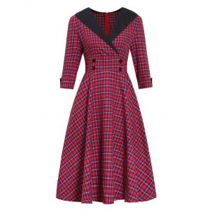 

Plaid Button Embellished Surplice Dress, Red