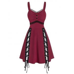 

Lace Panel Sleeveless Lace-up Gothic Dress, Red wine