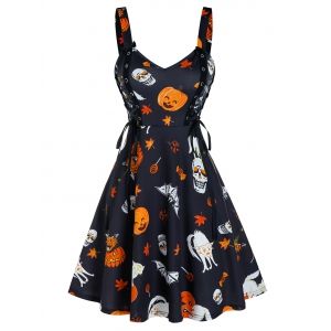 

Halloween Pumpkin Print Lace Up Mini Cami Dress, Black
