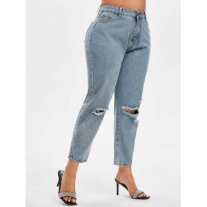 

Distressed Mid Rise Plus Size Tapered Jeans, Light blue