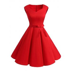 

Sleeveless Belted Sweetheart Dress, Red