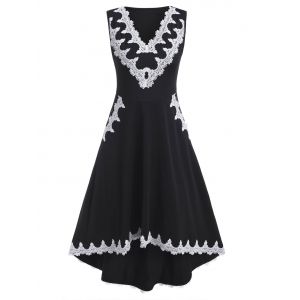 

V Neck Lace Trim Sleeveless High Low Dress, Black