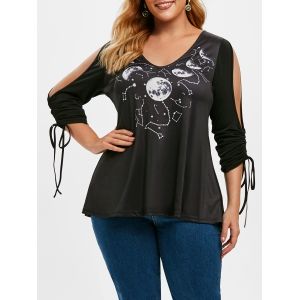 

Plus Size Constellation Moon Print Open Shoulder Cinched Tee, Black