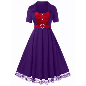 

Plus Size Lace Hem Velvet A Line Vintage Dress, Purple iris