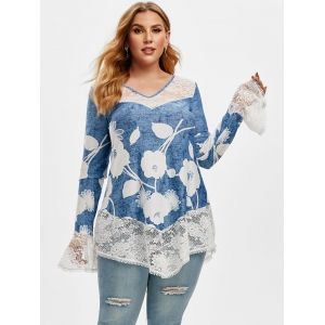 

Plus Size Lace Insert Flare Sleeve 3D Denim Floral Print T-shirt, White