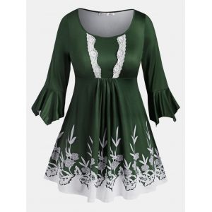 

Flare Sleeve Lace Trim Leaves Floral Plus Size Blouse, Deep green