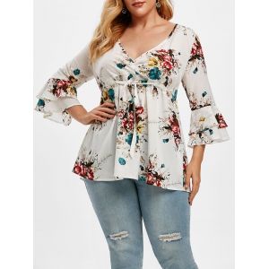 

Plus Size Floral Print Drawstring Bell Sleeve Top, White