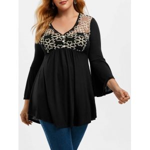 

Plus Size Flower Mesh Bell Sleeve T Shirt, Black