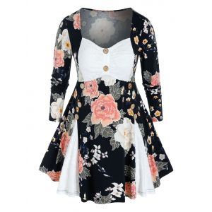 

Plus Size Lace Panel Flower Print Skirted Tunic Tee, Black