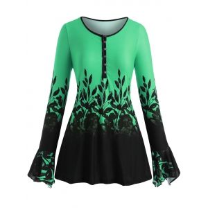 

Plus Size Bell Sleeve Half Button Floral Print Tee, Green