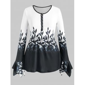 

Plus Size Bell Sleeve Half Button Floral Print Tee, White