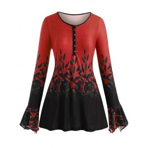 

Plus Size Bell Sleeve Half Button Floral Print Tee, Red
