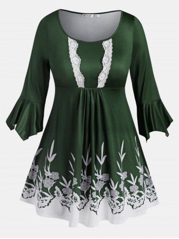 Flare Sleeve Lace Trim Leaves Floral Plus Size Blouse - DEEP GREEN - L