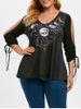 Plus Size Constellation Moon Print Open Shoulder Cinched Tee -  