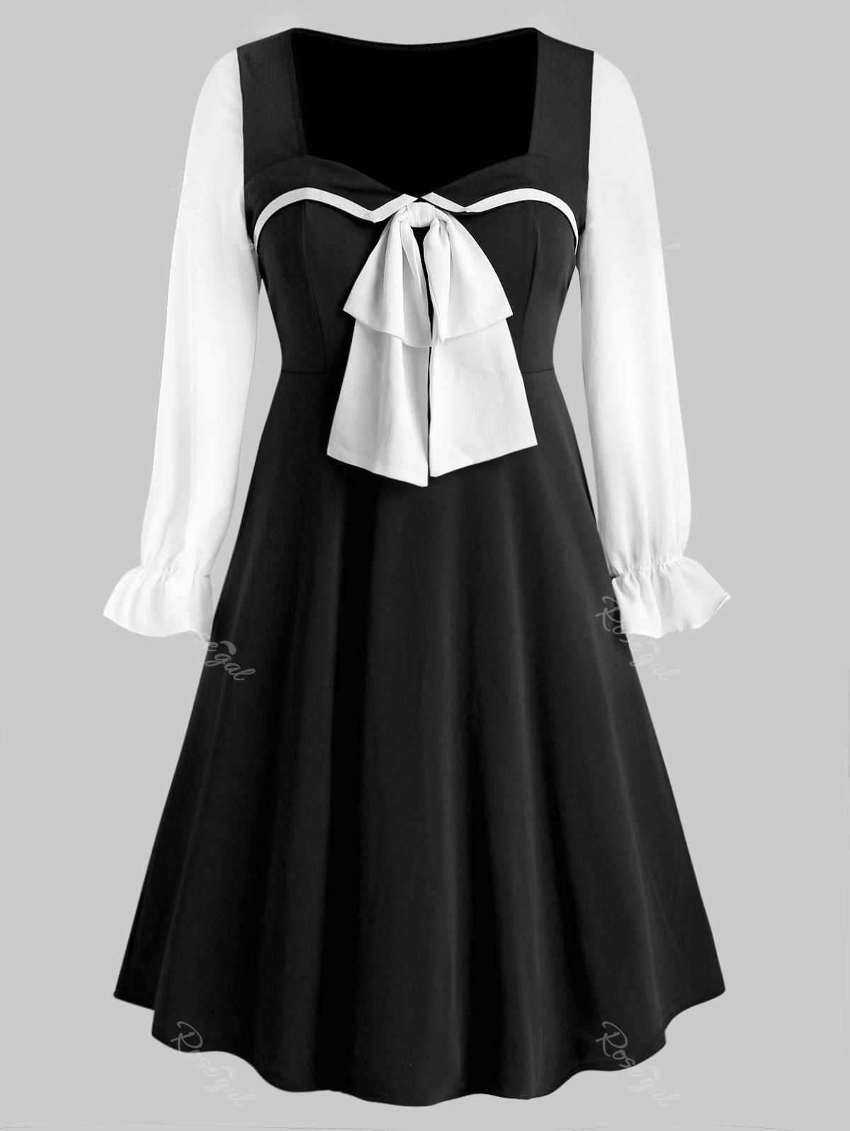 Hot Plus Size Colorblock Bowknot Midi Dress  