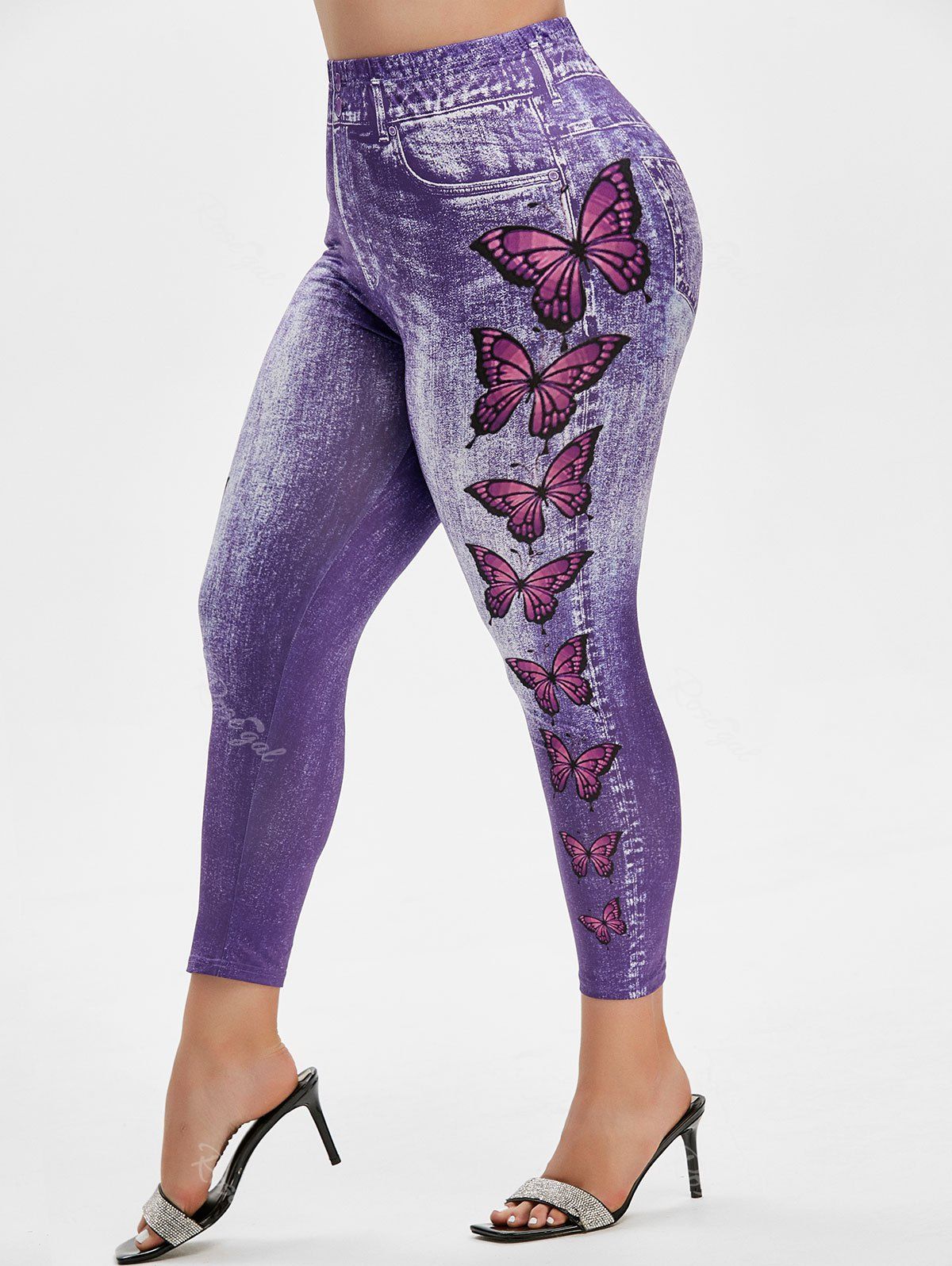 

Plus Size Butterfly 3D Denim Print Ninth Jeggings, Purple