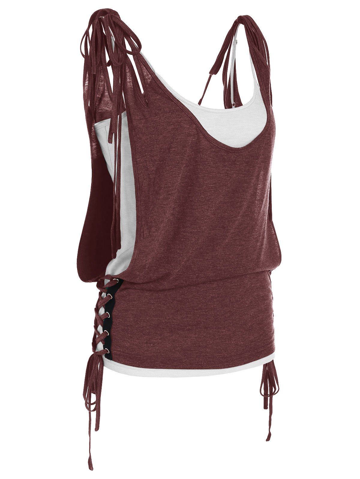 

Tie Shoulder Lace Up Top and Camisole Set, Deep red