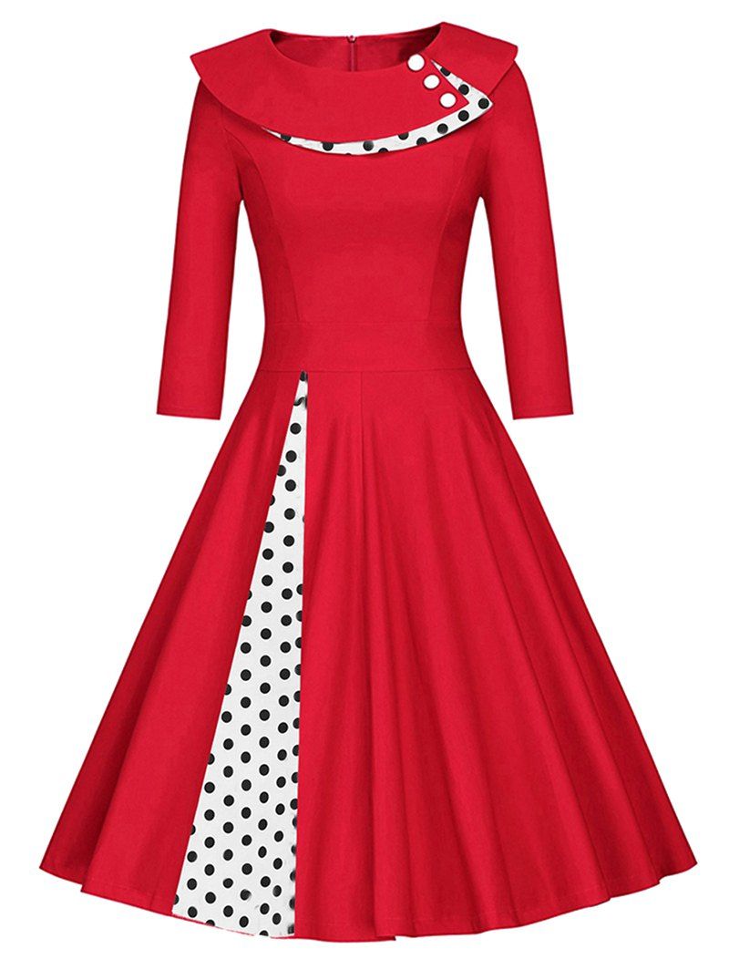 

Mock Button Polka Dot Midi Dress, Red