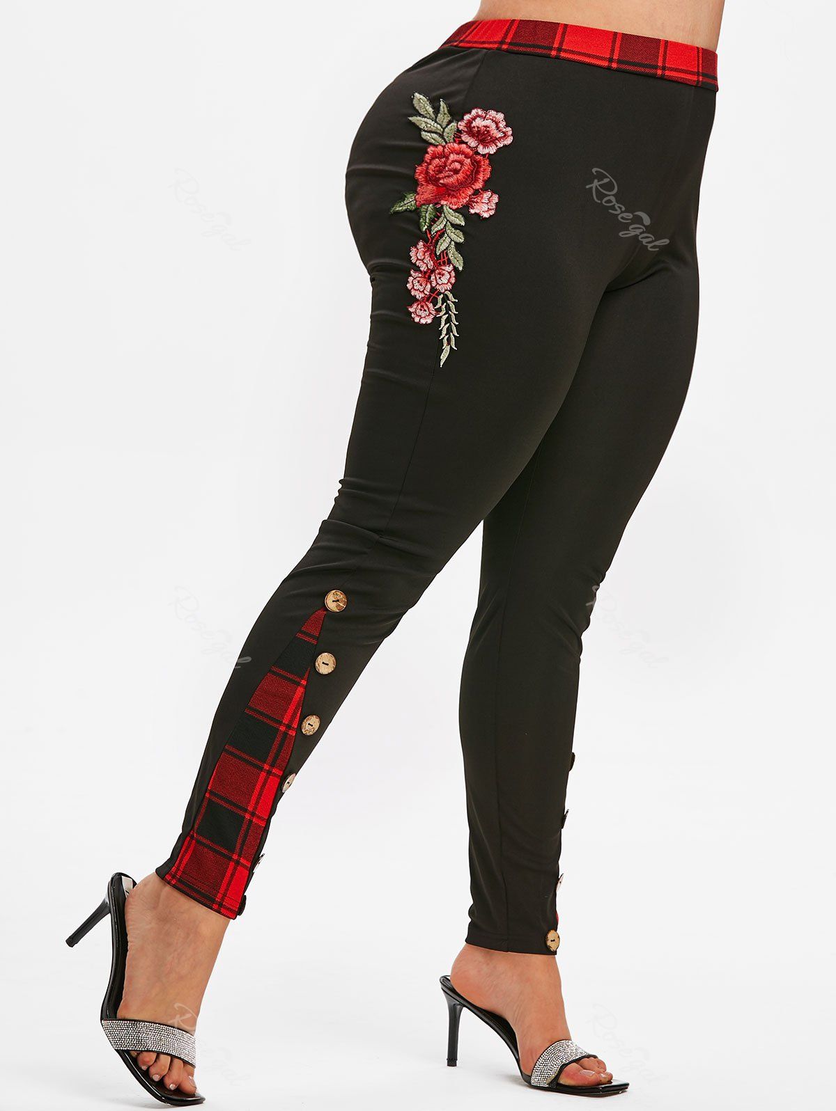 

Plus Size Plaid Floral Applique Pants, Black