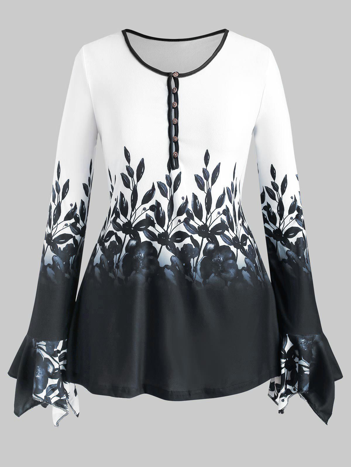 

Plus Size Bell Sleeve Half Button Floral Print Tee, White