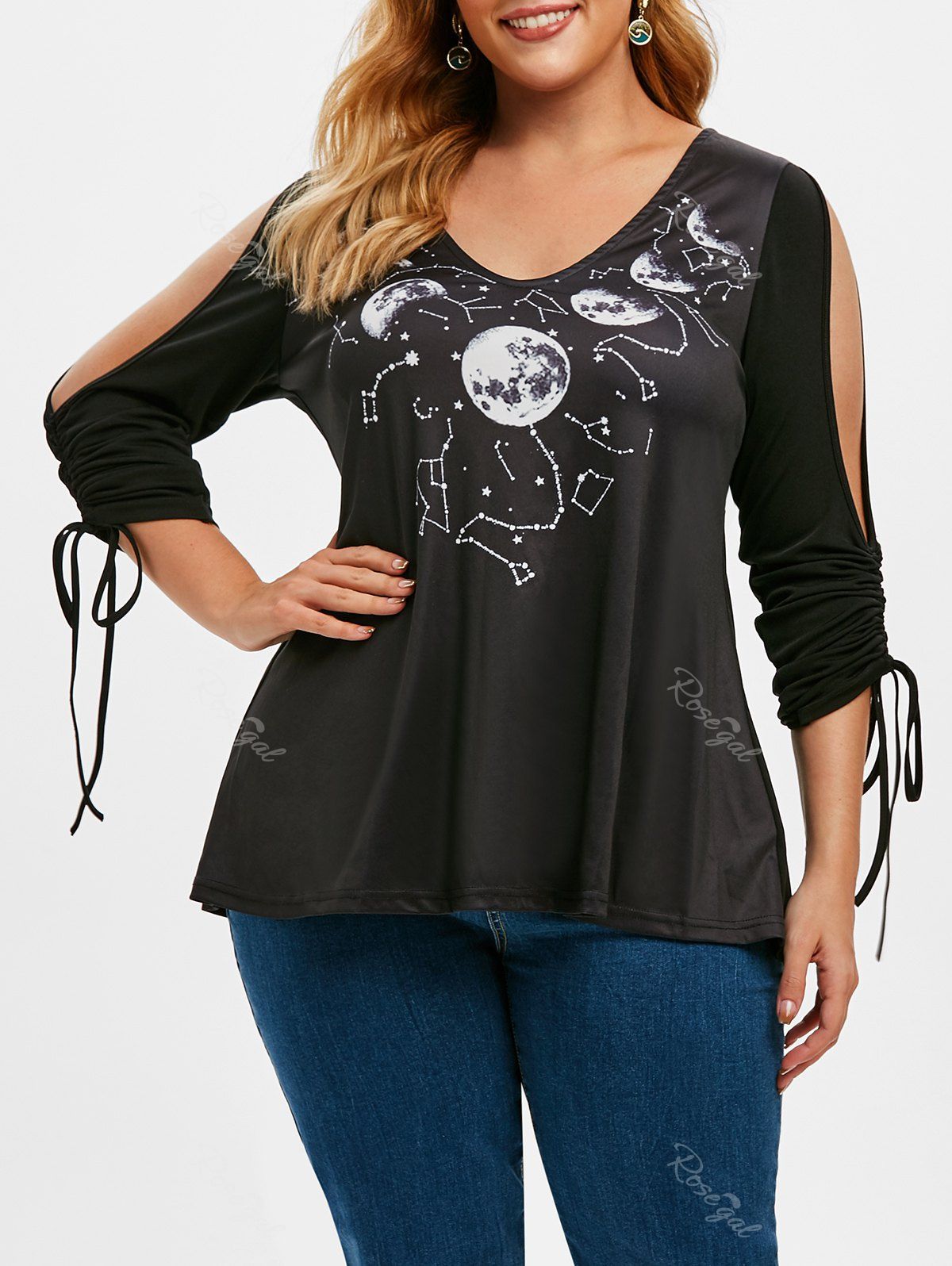 Hot Plus Size Constellation Moon Print Open Shoulder Cinched Tee  