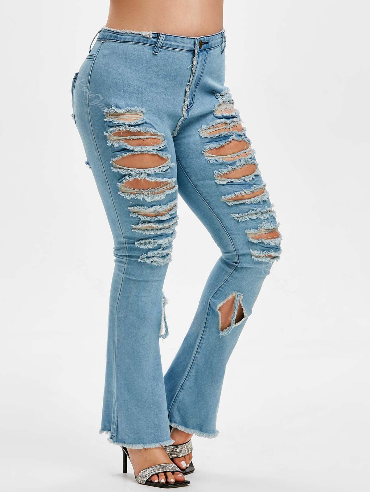 

Destroyed High Waisted Plus Size Flare Jeans, Blue