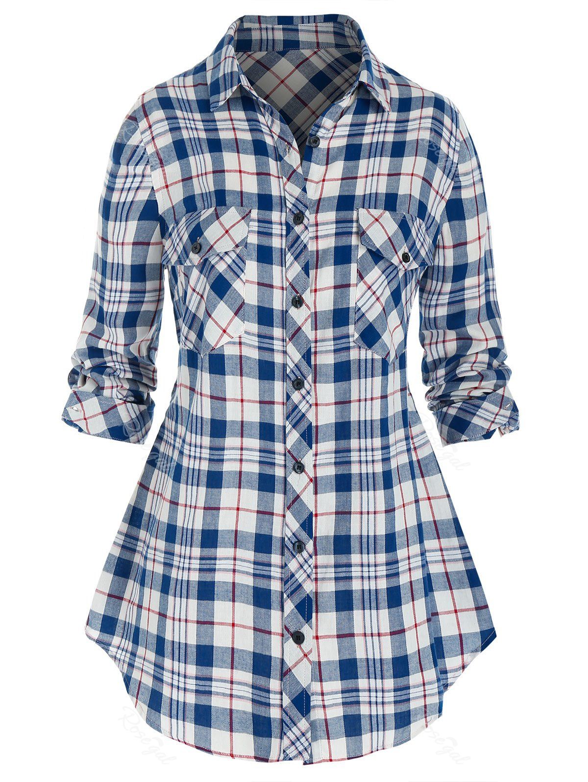 

Plus Size Roll Up Sleeve Plaid Shirt, Dark slate blue