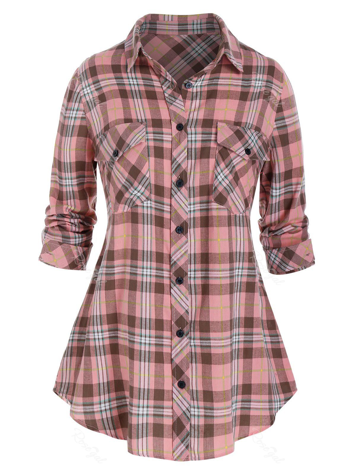 

Plus Size Roll Up Sleeve Plaid Shirt, Pink