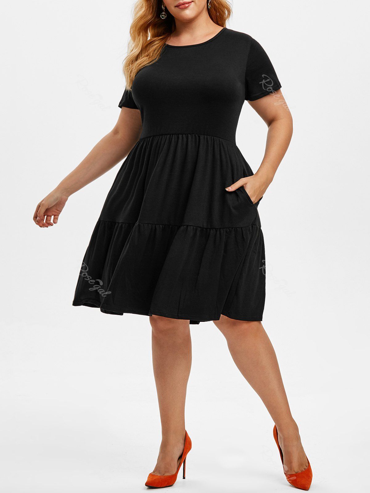 

Seam Pockets Casual Plus Size A Line Dress, Black