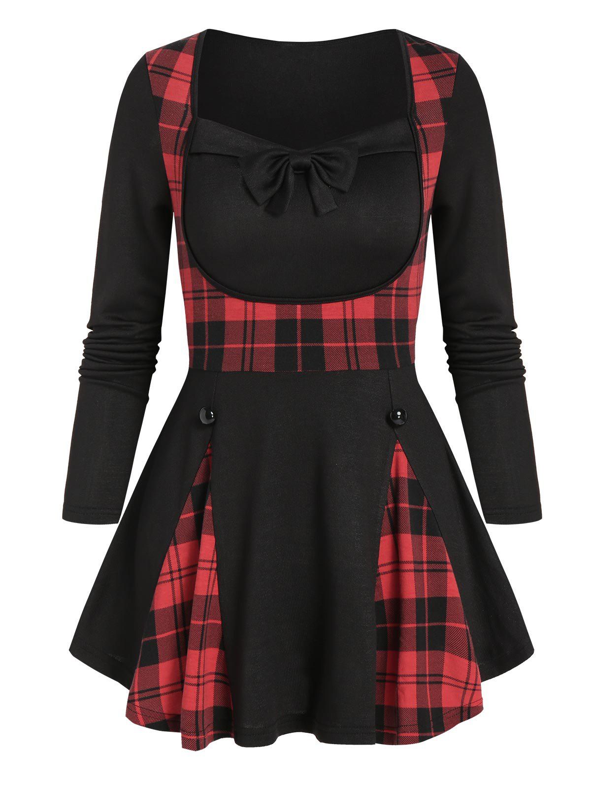 

Bowknot Detail Plaid Print Faux Twinset T-shirt, Black