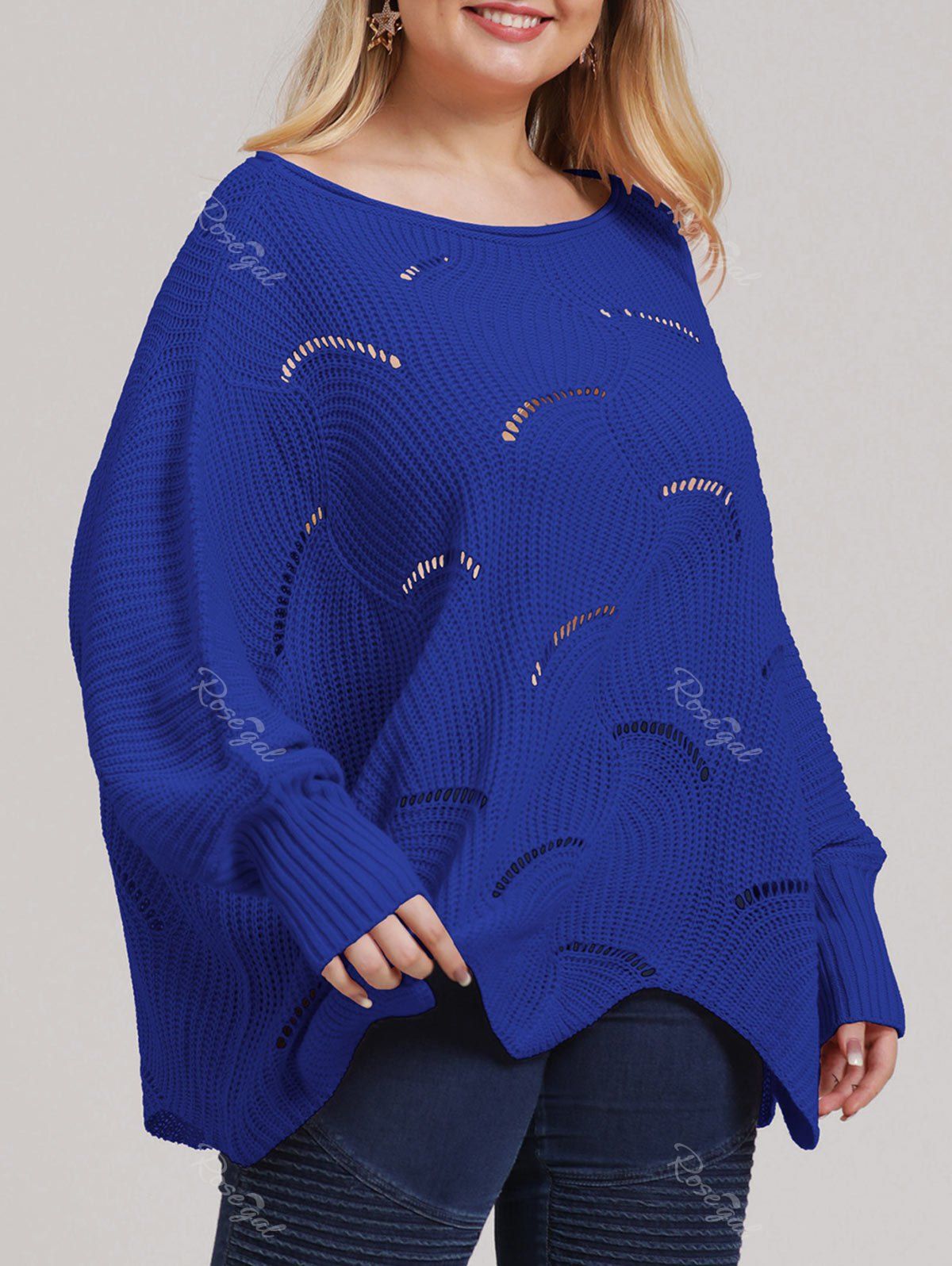 

Plus Size Asymmetric Open-knit Sweater, Blue