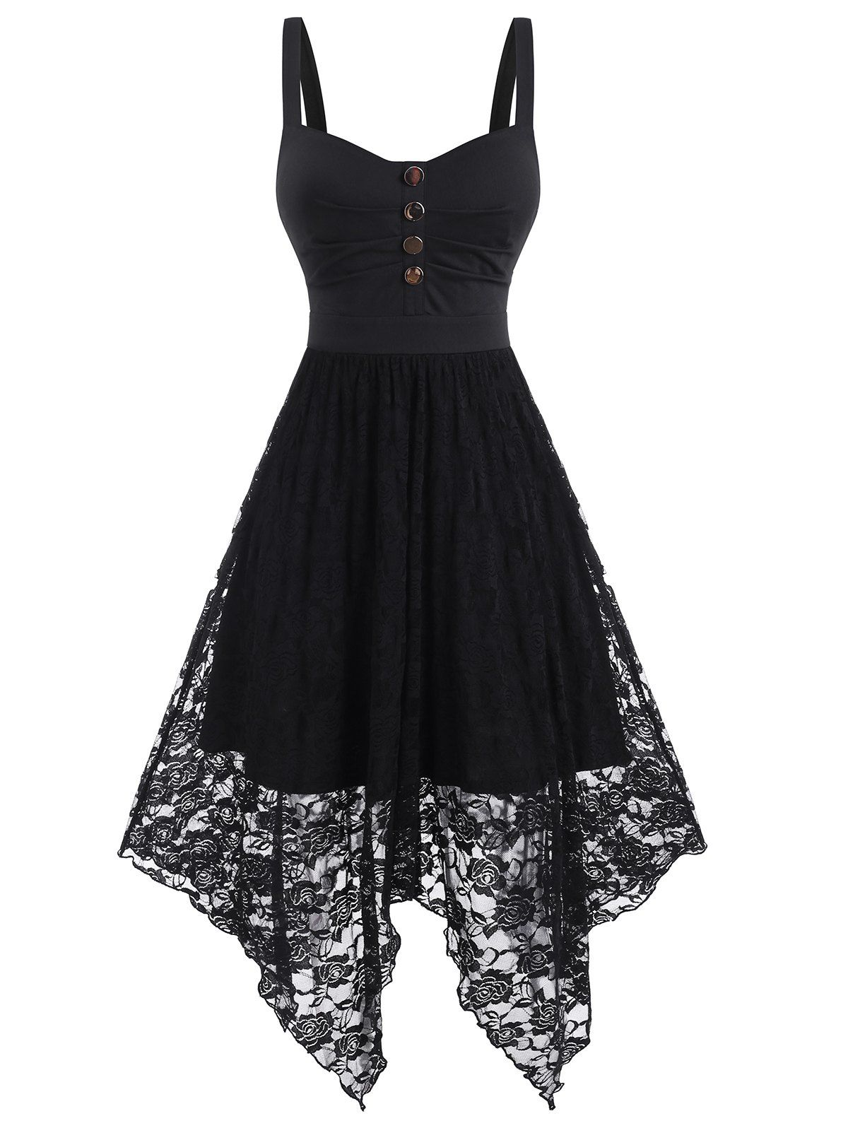 

Sleeveless Button Ruched Flower Lace Hanky Hem Dress, Black