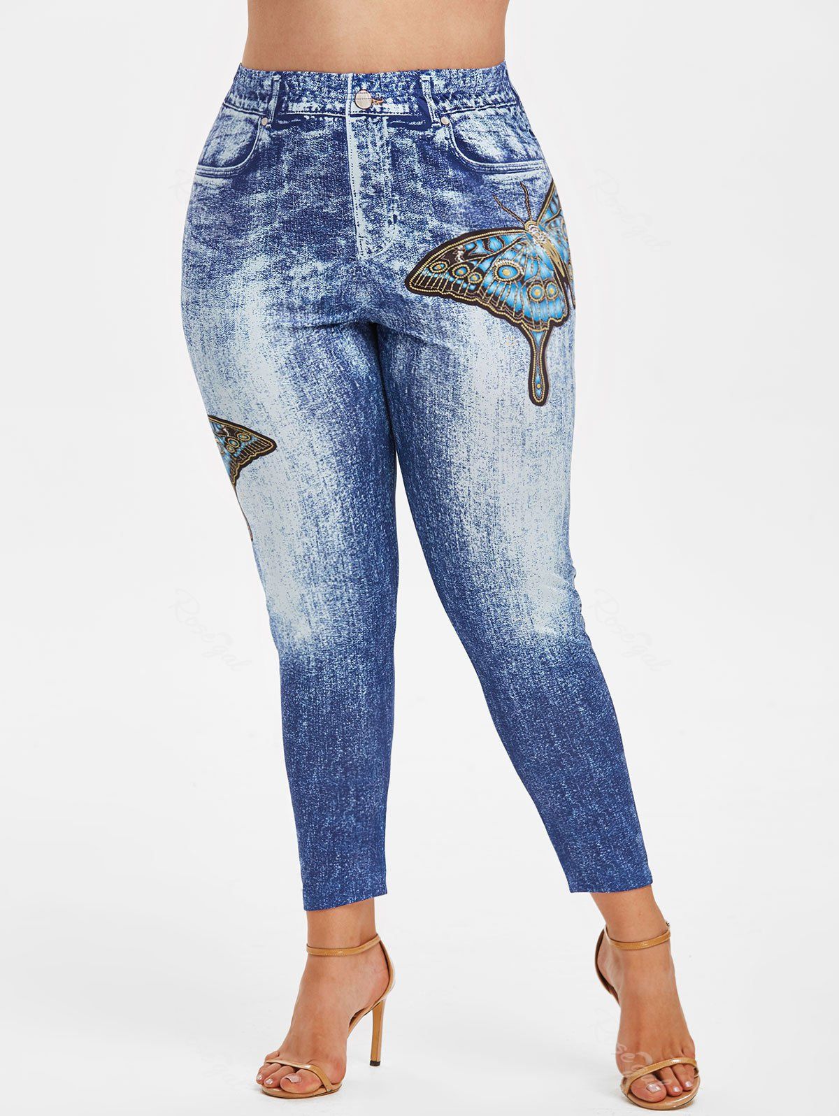 

Plus Size Butterfly Print Faux Denim Leggings, Light blue