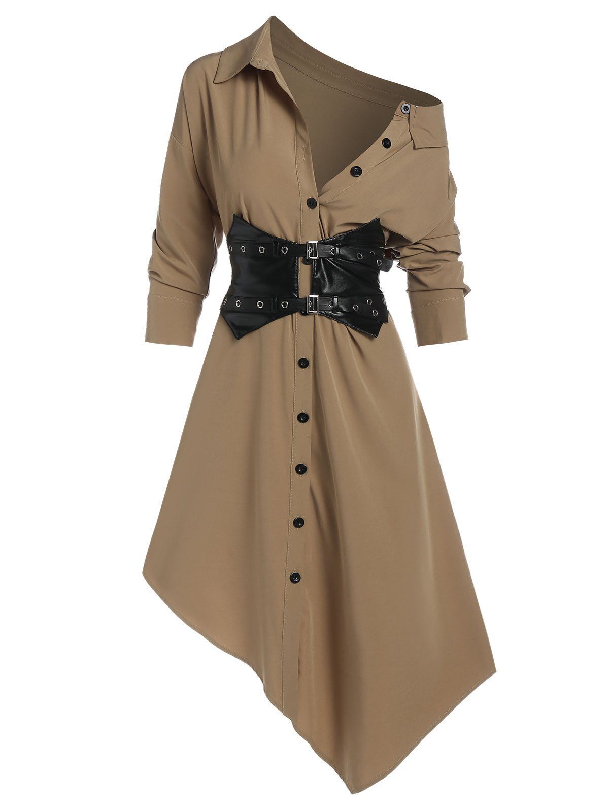 

Long Sleeve Asymmetrical Shirt and Corset Belt, Light brown