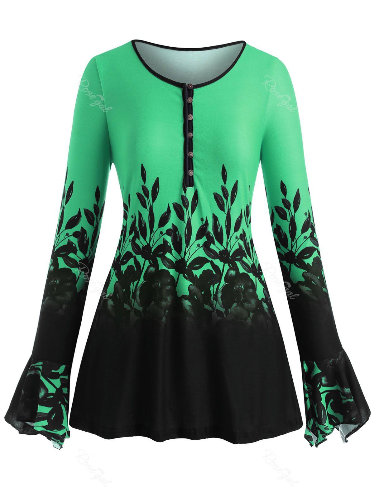 

Plus Size Bell Sleeve Half Button Floral Print Tee, Green