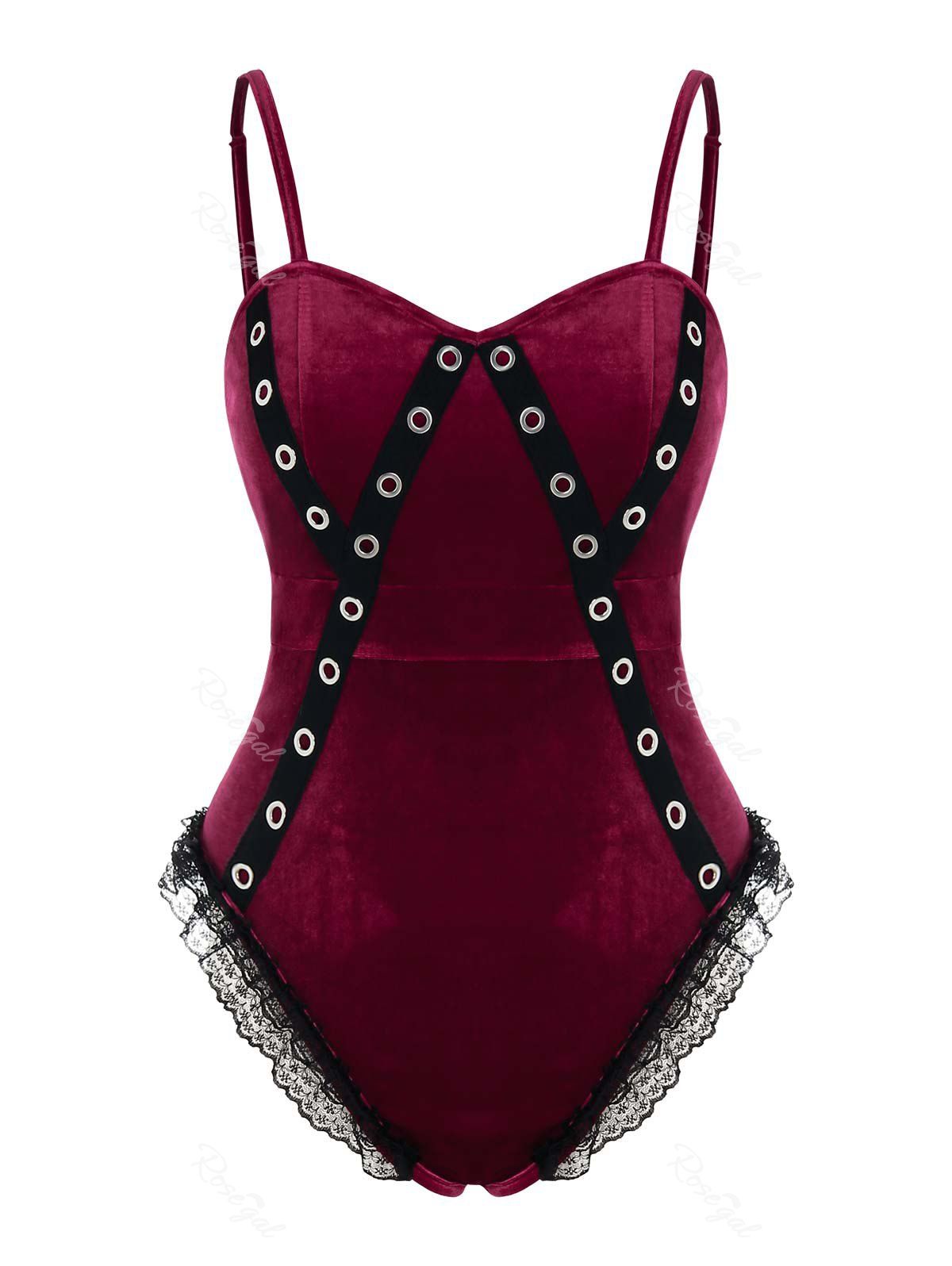 

Plus Size Eyelet Lace Insert Lingerie Teddy, Red wine