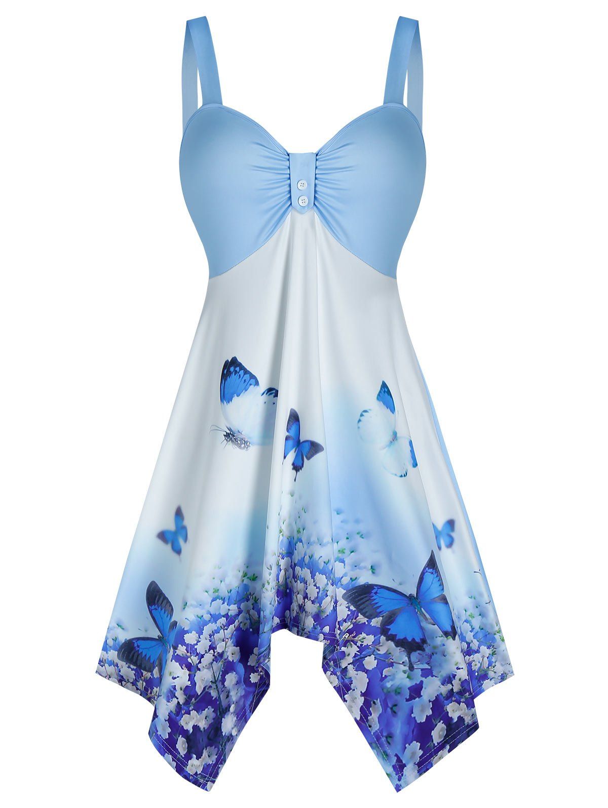 

Ruched Mock Button Butterfly Print Cami Tank Top, Light blue