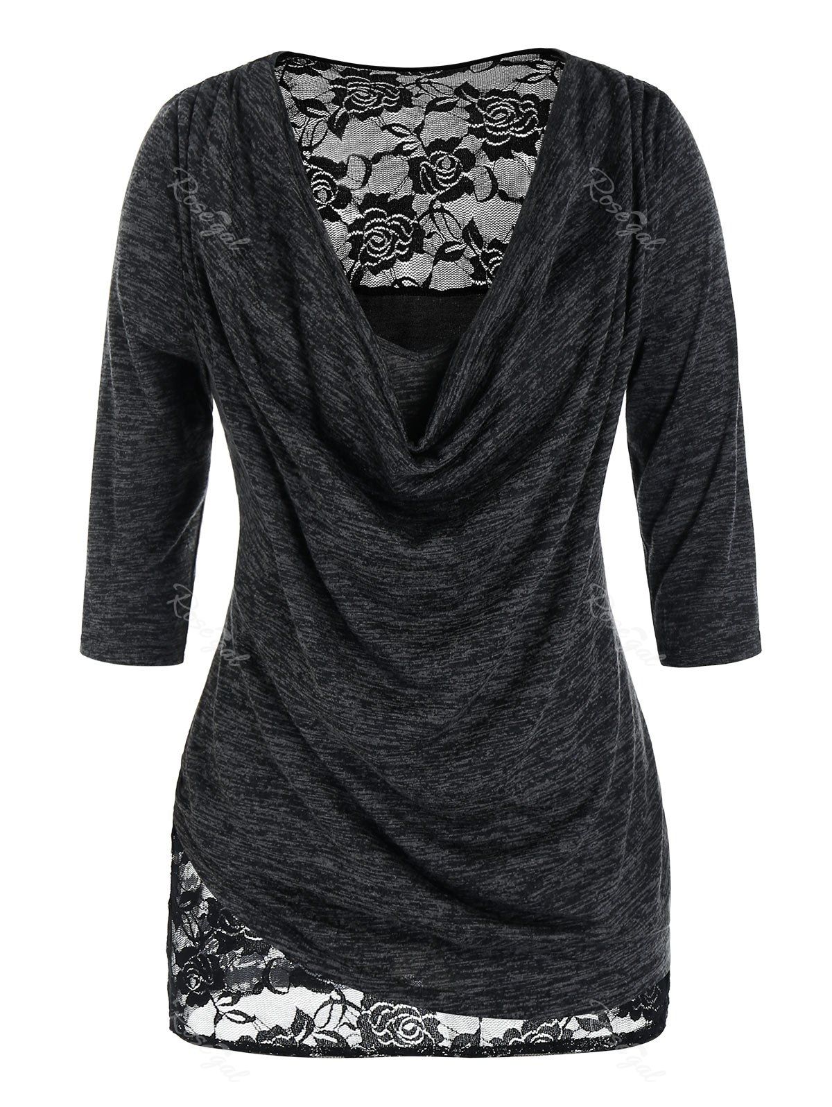 

Plus Size Draped Space Dye Lace Panel See Thru Tee, Carbon gray