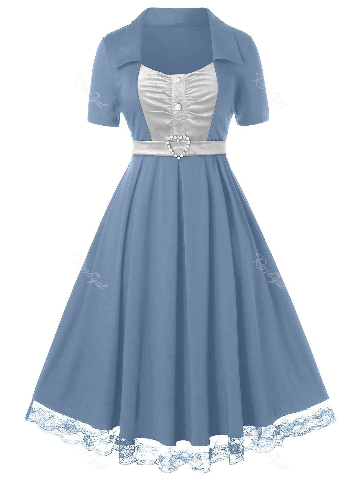 

Plus Size Lace Hem Velvet A Line Vintage Dress, Blue gray